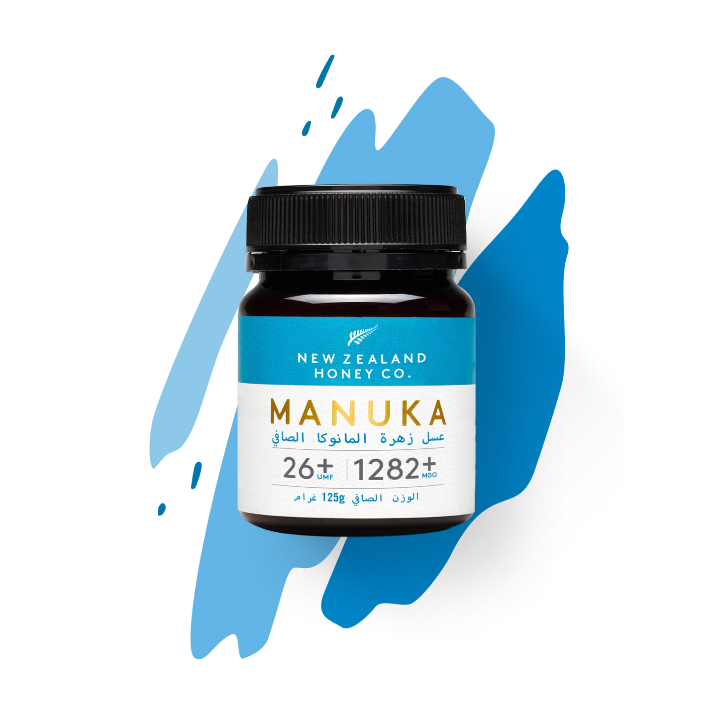Manuka Honey Minis UMF 26+ MGO 1282+ jar styled on blue background