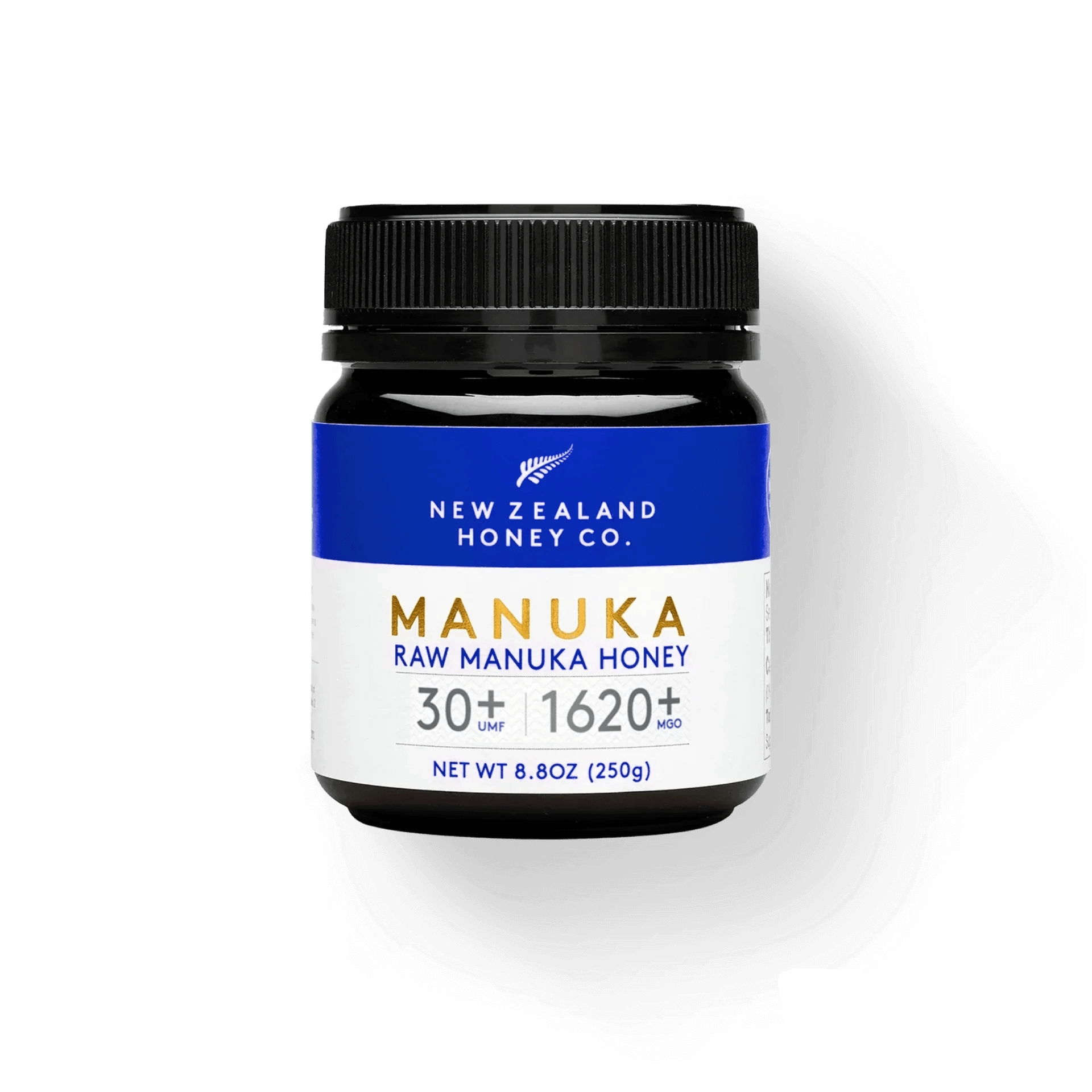 New Zealand Honey Co. UMF™ 30+ Manuka Honey jar with MGO 1620+, 250g, featuring a blue and white label showcasing premium, rare, and potent honey harvested from New Zealand.