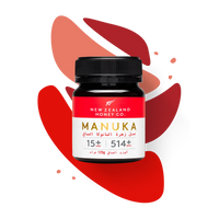 Manuka Honey Minis UMF 15+ MGO 514+ jar styled on red and coral background