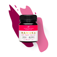 Manuka Honey Minis UMF 20+ MGO 829+ jar styled on pink background