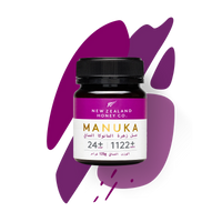 Manuka Honey Minis UMF 24+ MGO 1122+ jar styled on purple background