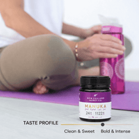 Yoga lifestyle scene with UMF 24+ MGO 1122+ Manuka honey jar and taste profile chart