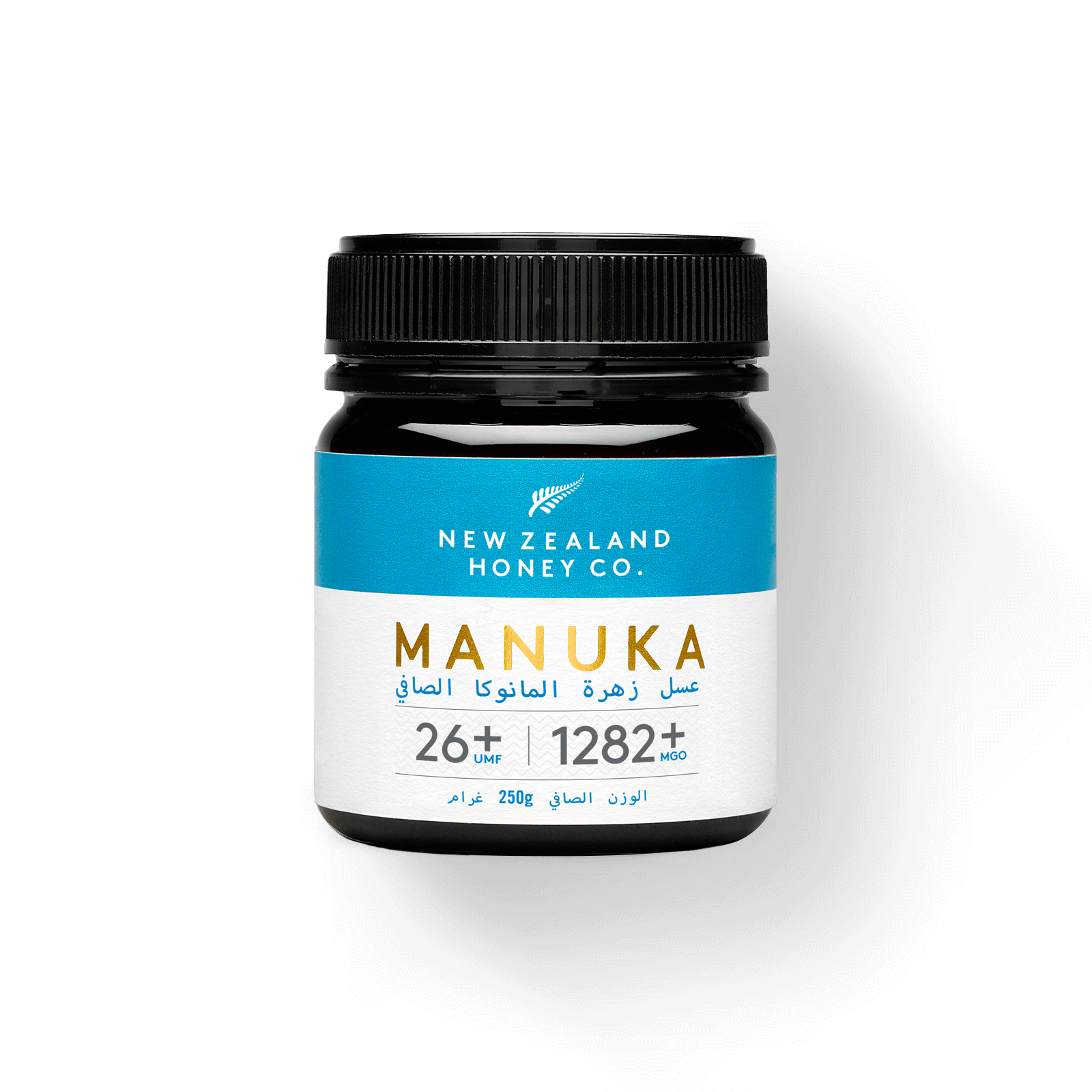 UMF 26+ MGO 1282+ Manuka honey 250g jar with purple Arabic-English label on white
