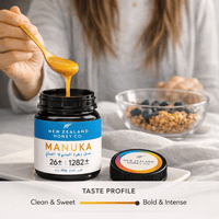 Honey on a wooden spoon lifted from UMF 26+ MGO 1282+ Manuka honey jar with taste chart