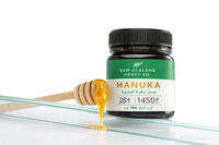 Wooden dipper drizzling honey beside a UMF 28+ MGO 1450+ Manuka honey jar