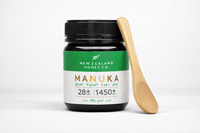 UMF 28+ MGO 1450+ Manuka honey 250g jar paired with a branded bamboo honey spoon