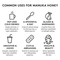 Common uses for Manuka honey infographic: drinks, daily spoon, glazes, smoothies, skin care - UMF 15+ MGO 514+ Manuka honey