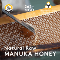 Certified UMF and MGO badges beside the UMF 10+ MGO 263+ Manuka honey jar