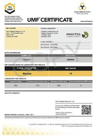 Certified UMF and MGO badges beside the UMF 10+ MGO 263+ Manuka honey jar