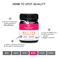 How to spot quality infographic featuring the UMF 20+ MGO 829+ Manuka honey jar
