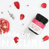 UMF 20+ MGO 829+ Manuka honey jar with red berries and Manuka blossoms, 'Made by Nature'