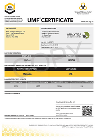 UMF Certificate of analysis confirming UMF 20+ grade for UMF 20+ MGO 829+ Manuka honey