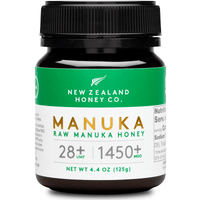 UMF 28+ MGO 1450+ Manuka honey 125g jar with green Arabic-English label on white