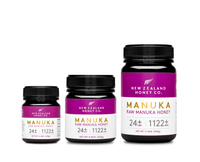 Three sizes of UMF 24+ MGO 1122+ Manuka honey jars lined up: 125g, 250g and 500g