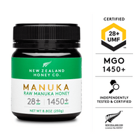 Certified UMF and MGO badges beside the UMF 28+ MGO 1450+ Manuka honey jar