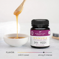 UMF 24+ MGO 1122+ Manuka honey mini jar beside a bowl of dripping honey