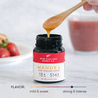 UMF 15+ MGO 514+ Manuka honey mini jar with spoon above an open jar