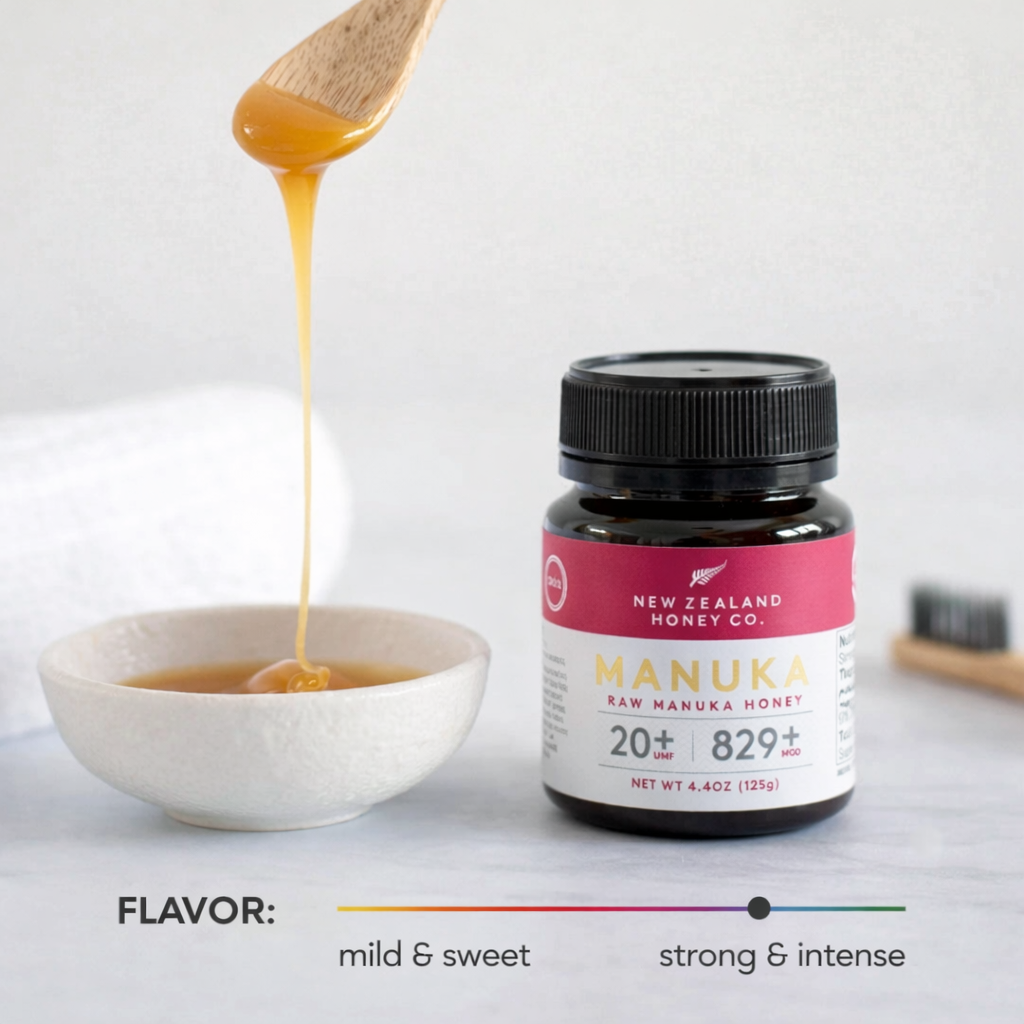 UMF 20+ MGO 829+ Manuka honey mini jar beside a bowl of dripping honey