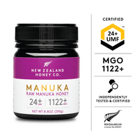 Certified UMF and MGO badges beside the UMF 24+ MGO 1122+ Manuka honey jar