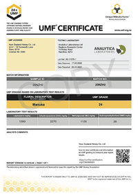UMF Certificate of analysis confirming UMF 24+ grade for UMF 24+ MGO 1122+ Manuka honey