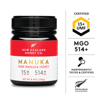 Certified UMF and MGO badges beside the UMF 15+ MGO 514+ Manuka honey jar