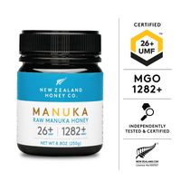 Certified UMF and MGO badges beside the UMF 26+ MGO 1282+ Manuka honey jar