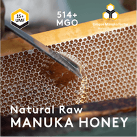 UMF 15+ MGO 514+ Manuka honey 500g jar with red Arabic-English label on white