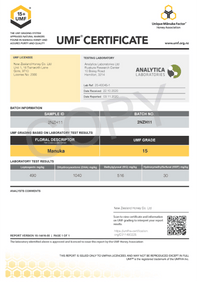 UMF Certificate of analysis confirming UMF 15+ grade for UMF 15+ MGO 514+ Manuka honey